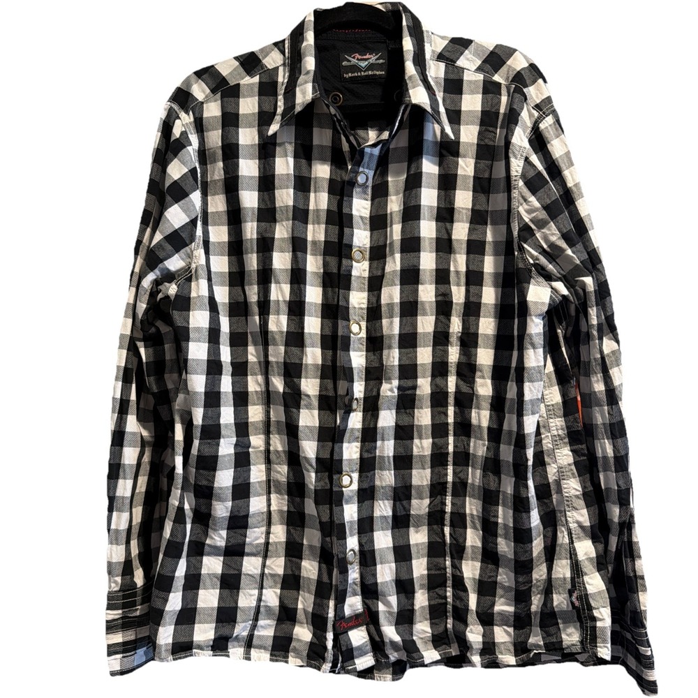 Fender Rock And Roll Religion L/S Button Down Shirt Mens XL Black White‎ Check